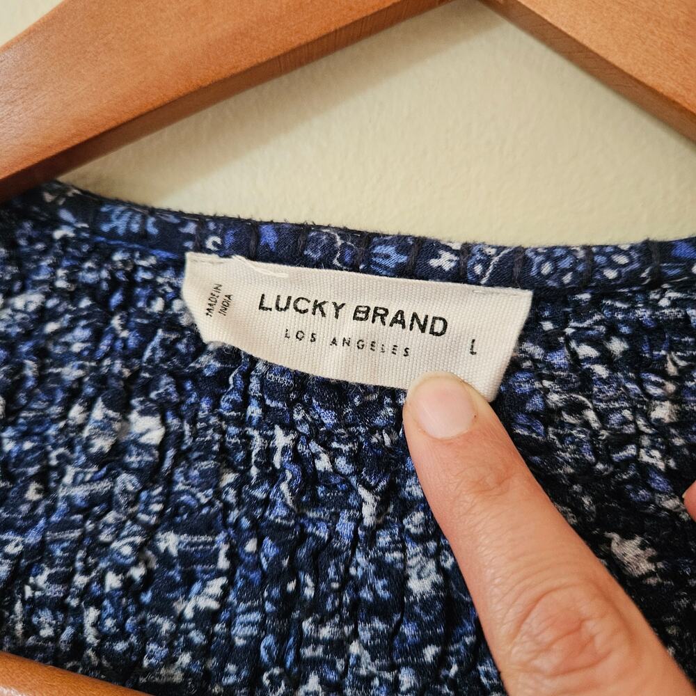 Lucky Brand Women's Peasant Top, Size L Floral Tassel Boho Blue Cottage - Picture 5 of 7